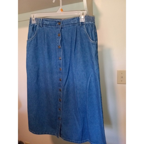 Classic Elements Blue Denim Maxi Skirt Petite Size 14P Front Buttons Pockets - Picture 1 of 8